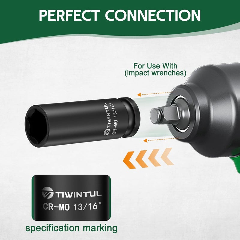 TIWINTUL 13/16" Impact Socket 1/2 Inch Drive, Deep CR-MO Steel Impact Socket, 3.07" Length, 6 Point Design, SAE Size Socket for Automotive and Mechanical Equipment Maintenance - Image 4